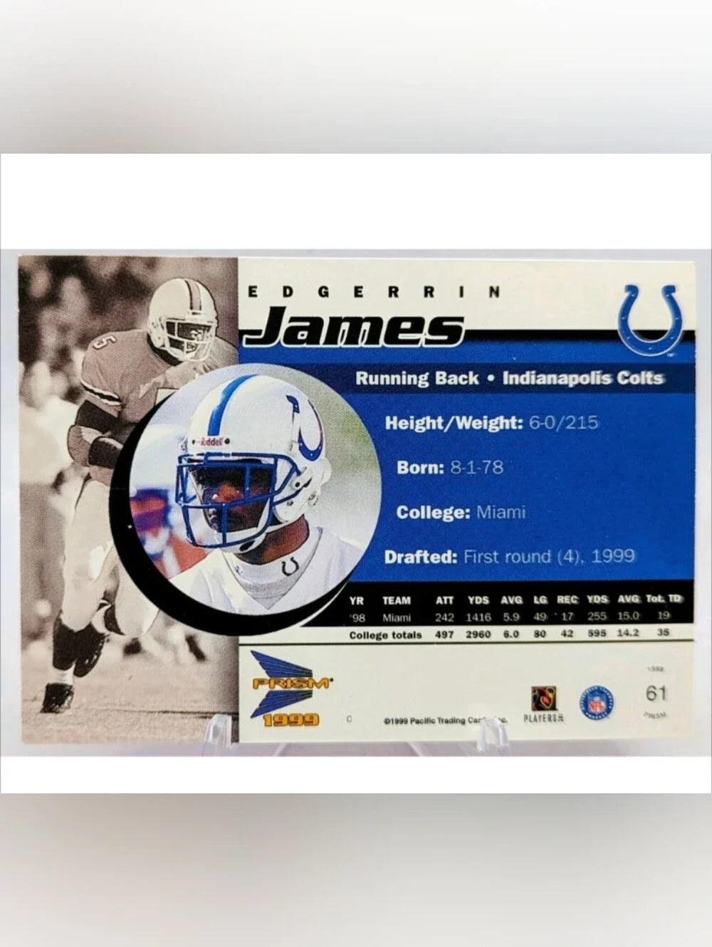 1999 Pacific Prism Football Edgerrin James Indianapolis Colts Purple Rookie /320